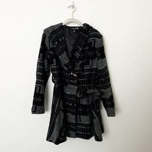 [Forever 21] Black Belted Tribal Southwestern Hooded Wrap Style Coat Sz Large L